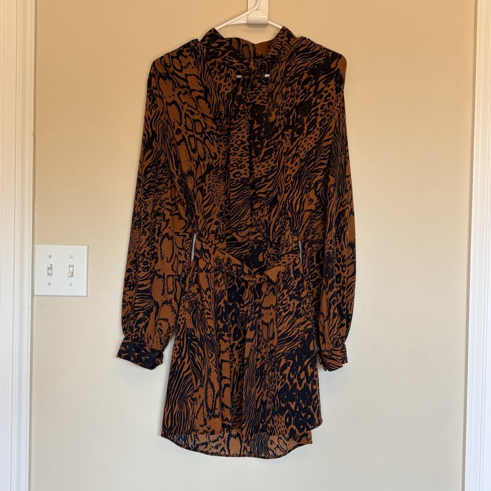 Topshop Brown Mixed Animal Print Tie Neck Long Sleeved Mini Shirt Dress Womens 6